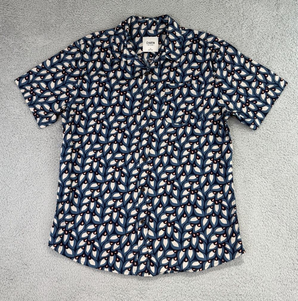 Katin Hawaiian Button Up Shirt Large Blue Floral Tropical Camp Shirt